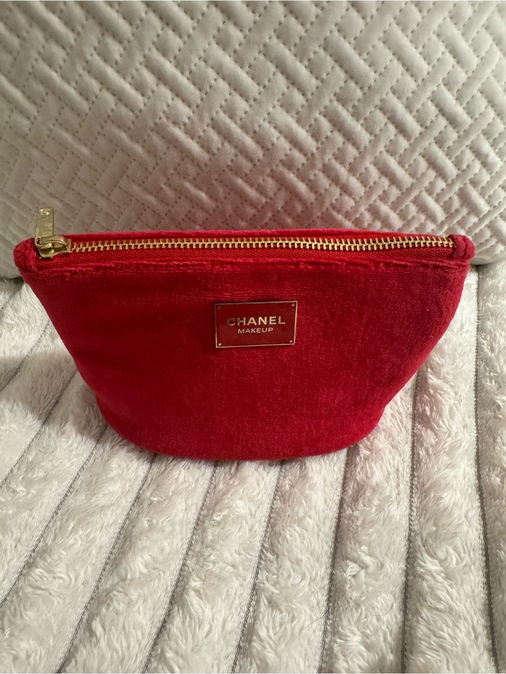 CHANEL Red Velvet Makeup Pouch with Gold-Tone Accents